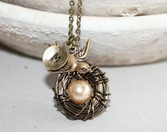 Bird Nest Necklace with Personalized Initial, Mothers Day Gift, Baby Nest Necklace, Bird Necklace, Mom Kids Necklace, Mothers Necklace