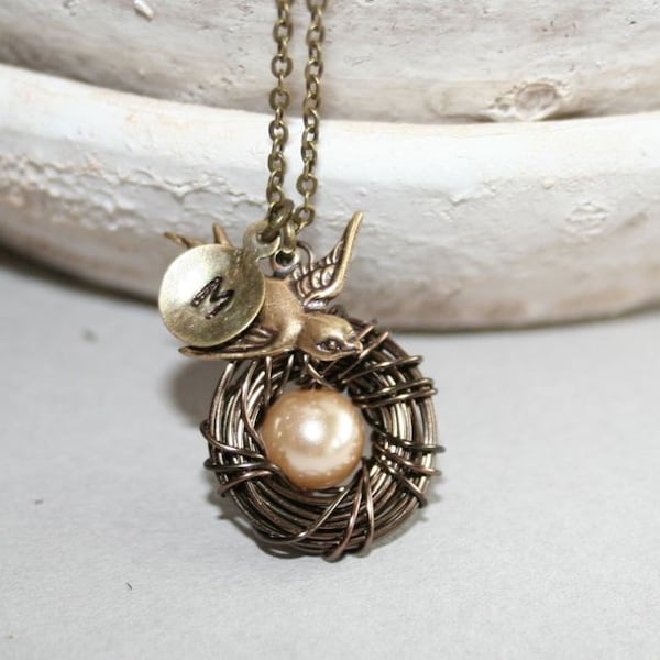 Bird Nest Necklace with Personalized Initial, Mothers Day Gift, Baby Nest Necklace, Bird Necklace, Mom Kids Necklace, Mothers Necklace