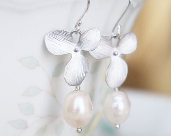 Silver Orchid Flower Earrings, Pearl Earrings, Wedding Jewelry, Bridesmaid gifts