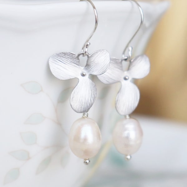 Silver Orchid Flower Earrings, Pearl Earrings, Wedding Jewelry, Bridesmaid gifts
