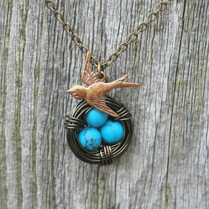 Bird Nest Necklace 3 Eggs, Turquoise Necklace, Sparrow Necklace, New Mom Gift, Mothers Necklace, Christmas Gift from Daughter
