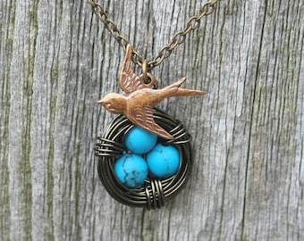 Bird Nest Necklace 3 Eggs, Turquoise Necklace, Sparrow Necklace, New Mom Gift, Mothers Necklace, Christmas Gift from Daughter