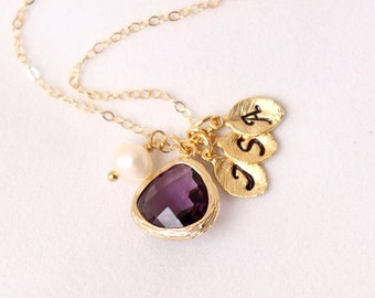 Gold Amethyst Necklace with Custom Initials, February Birthstone Necklace, Gift for Mothers Day, Best Friend Gift