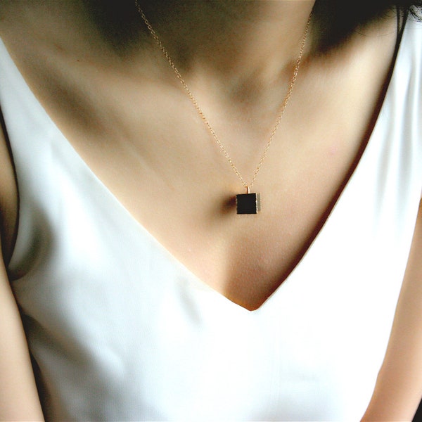 Black Onyx Necklace, Best Friend Gift, Minimalist Necklace, Gold Filled Layered Necklace, Square Stone Pendant More Color Available