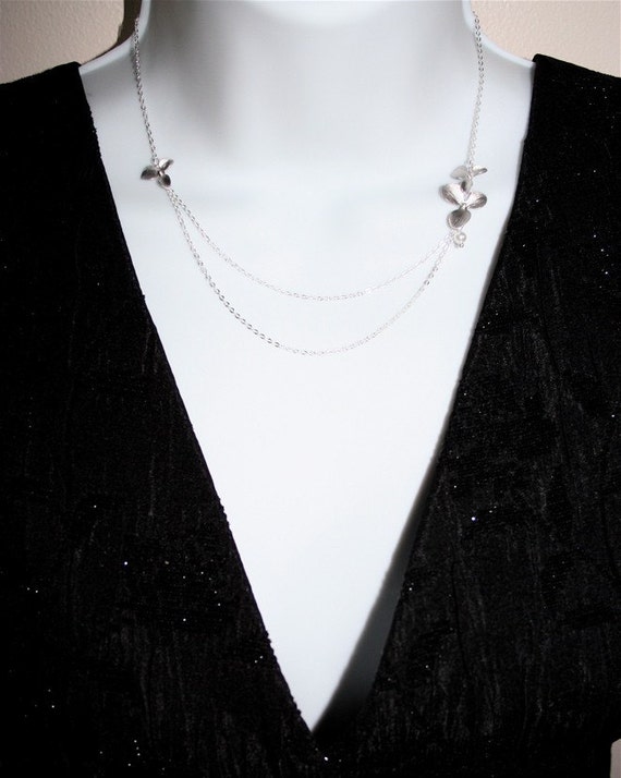 Items similar to Double Chain Orchid Flowers Necklace in silver ...