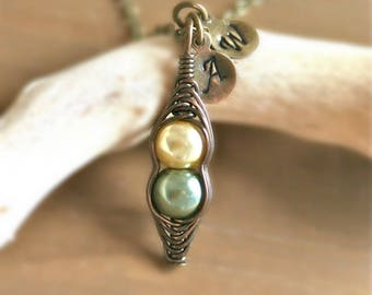 Grandma Necklace, Pea Pod Necklace, Mothers Necklace, Personalized Initial Necklace, Baby Show Gift