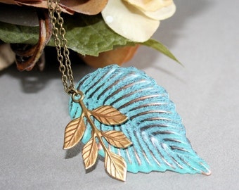 Leaf  Necklace, Vintage Style,  Gold Branch Necklace, Antique Hand Patina Leaf Necklace