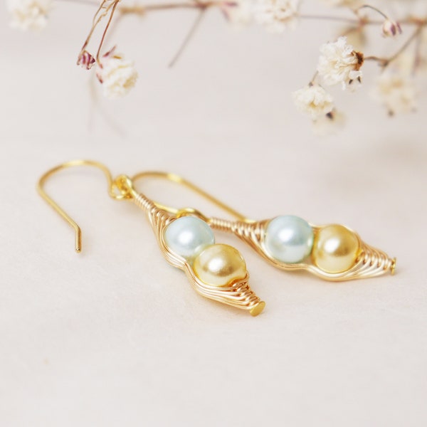 Pea pod earrings, Two peas in a pod earrings, Peapod jewelry, Gold pea pod, Personalized for her, Birthstone earrings