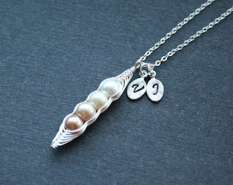 Pea pod Necklace, Mothers Day Necklace, Personalized Peas in Pod with Custom Initials, Necklace for Mom