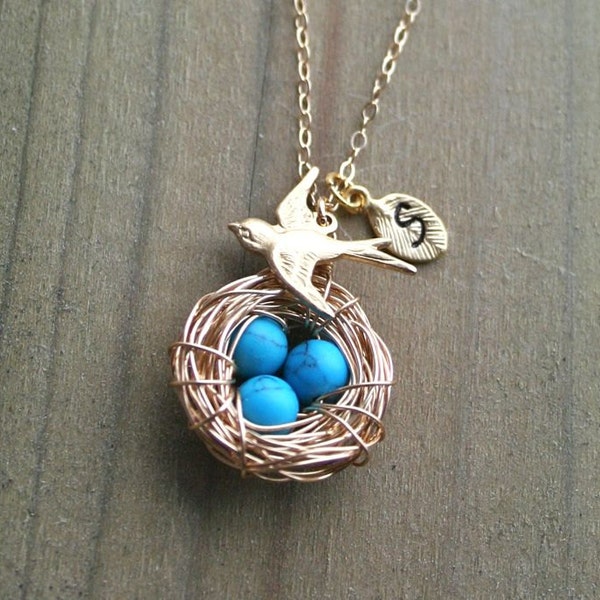 Bird Nest Necklace, Personalized Jewelry, Gold Baby Nest Turquoise Eggs, Mom Necklace, Baby Shower Gift, Grandmother Kids Necklace