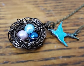 Mothers Necklace, Bird Nest Necklace, Nest Necklace Blue Bird, Gift for Mother, Mom Kid Necklace, Nest with 1, 2, 3, 4, 5 eggs