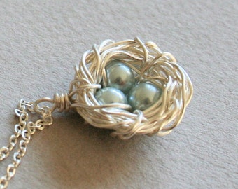 Bird Nest Necklace, Family Necklace, Bird Nest with 1,2,3,4,5 Eggs, Mothers Day Gift, Mothers Necklace, Grandmother Necklace