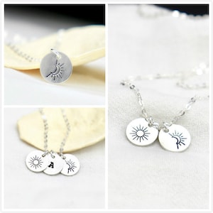 Sterling Silver Sun and Moon Friendship Necklace, Initial Tag Necklace, Personalized Disc Letter Necklace, Dainty Necklace