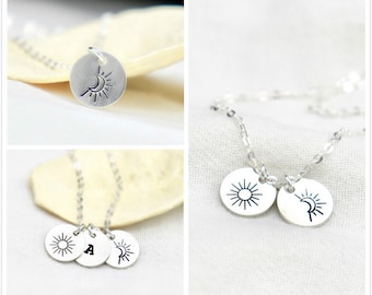 Sterling Silver Sun and Moon Friendship Necklace, Initial Tag Necklace, Personalized Disc Letter Necklace, Dainty Necklace