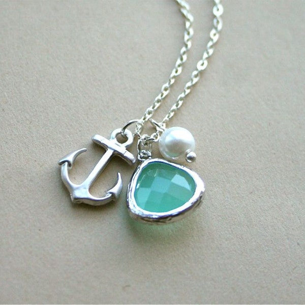 Anchor Necklace, Aquamarine Necklace, Birthstone Necklace, Christmas Gift, Aqua and Achor Necklace, Beach Wedding Jewelry
