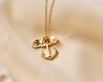 Personalized Gold Anchor Necklace, Custom Initial, Anchor Jewelry, Best Friend Necklace, Christmas Gift, Beach Wedding Jewelry