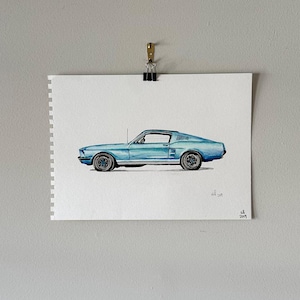 May include: A watercolor painting of a light blue Ford Mustang. The car is depicted in profile, with the driver's side facing the viewer. The car is set against a white background.
