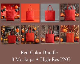 Halloween Tote Bag Mockup Bundle: Red Tote, Spooky Designs (PNG Digital Download