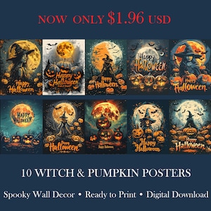 Vintage Halloween Poster Set | Witch & Pumpkin Wall Art | Spooky Room Decor | Halloween Printable | Halloween Posters Bundle | Halloween