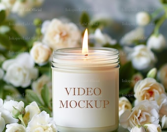 Mockup kaarsvideo: witte pot, elegante bloemenstijl (4K clip digitale download