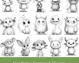 Fantasy Creatures Clipart: Schwarz und weiß Monster Line Art (PNG Digital Download)