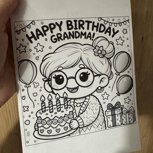 Tarjeta de cumpleaños de abuela imprimible para que los niños coloreen: tarjeta de felicitación digital divertida y creativa (descarga en PDF)