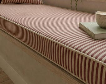 Striped Bench Cushion Custom Size Red Window Seat Cushion Linen Look