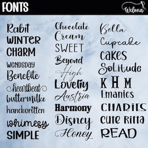 May include: A collection of various font styles displayed on a light blue background. The word "FONTS" is at the top left. Font styles include "Rabit", "Winter", "Charm", "Chocolate", "Bella", and "Cupcake". The Weloria logo is in the top right.