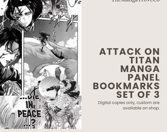 Pode incluir: Conjunto de 3 marcadores de painel de mangá em preto e branco com cenas de Attack on Titan. A imagem inclui painéis com personagens e balões de fala. O texto na imagem diz "Attack on Titan Manga Panel Bookmarks Set of 3".