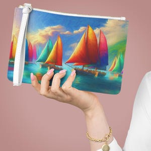 Rainbow Sailboats Clutch Bag, Colorful Harbor Scene Purse, Boat Lover Gift, Nautical Handbag 9.5 x 6.6 inches, Regatta Race, Turquoise Water