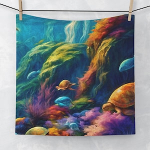 Colorful Turtle Fantasia Face Towel or wash cloth,  Sea Life Decor, Ocean Vibes, Beach House bathroom  decor, gift for sea turtle lover,