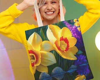 Yellow Daffodil Pond Tote, Bright Flower bag, Spring Garden Gift, Yellow Floral Tote, Gift for flower Lovers, Stylish Carryall, jonquil bag