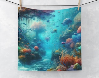 Underwater Coral Fantasy Hand Towel, Ocean Theme Washcloth for Bathroom Decor Set, Beach House Gift, Coastal Paradise, Marine Life Washcloth