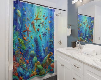 Blauer Seestern-Nautik-Duschvorhang, Küsten-Duschvorhang, Meer-inspiriertes Designer-Badezimmerdekor, Unterwasser-Sea-Life-Szene Wohnkultur