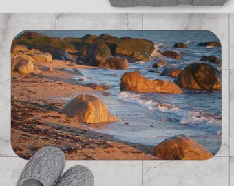 Kustnära badmatta: Connecticut Shore Sunset, nautisk badrumsdekor