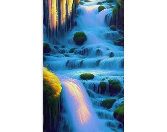 May include: A rectangular towel featuring a digital art print of a cascading waterfall. The artwork showcases flowing blue water, green mossy rocks, and golden light accents, creating a serene and natural scene.