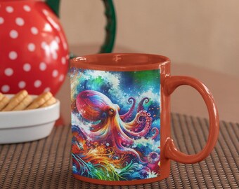 May include: A brown ceramic coffee mug with a colorful illustration of an octopus in a swirling, abstract ocean scene.