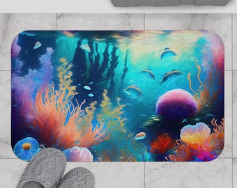 Tappetino da bagno vibrante con barriera corallina, oceano, accessorio da bagno, regalo per gli amanti della spiaggia, arredamento da bagno boho, design nautico, tenda da doccia abbinata disponibile