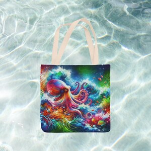Colorful Red Octopus Tote - Vibrant Ocean Art Travel Bag, octopus lover gift,  carryall,  Beach Day  Gift for Ocean Lovers, sea animal tote
