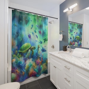 Green Sea Turtles Shower Curtain - Underwater Turtle and Sea Creatures Boho Bath Decor, Cool Swimming Turtles, Bathroom ocean makeover
