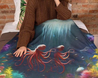 Sweetheart Octopus Velveteen Blanket,  Plush Octopus Lover Throw, Sea Creature Cozy Blanket, Nautical Sea Life Bedding, Warm Ocean throw