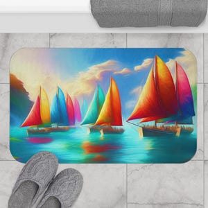 Rainbow Sailboats Bath Mat, Matching Shower Curtain available, Nautical Home Decor, Coastal Accent, Bathroom Rug, gift for sailboat lovers