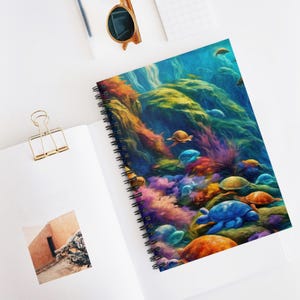 Puede incluir: Una escena submarina colorida con una variedad de tortugas marinas nadando entre arrecifes de coral y peces coloridos. Las tortugas son de diferentes colores, incluyendo azul, verde, naranja y marrón. La escena está pintada en un estilo vibrante e impresionista.