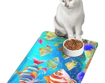 Tapis d'alimentation de poisson pour chats, tapis carré coloré pour aliments pour animaux de compagnie pour chats, joli tapis de poissons à rayures, station d'art aquatique pour animaux de compagnie, tapis pour chat avec motif poisson bohème