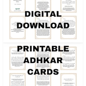 May include: Digital download of printable Adhkar cards. The cards feature text in Arabic and English, with a decorative border. The words "Morning & Evening Adhkar" and "Ayadi" are also visible.