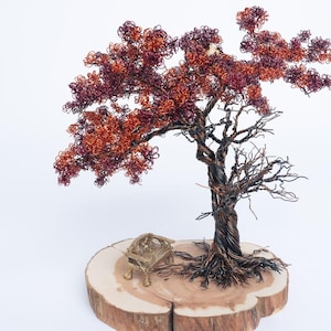 Wire Tree Sculpture, Wire Trees, Wire Art, Copper trees, Tree Sculpture, Wire Bonsai, Photo Tree, Red and Orange Flowers