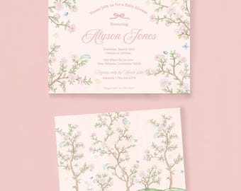 May include: Baby shower invitations with a soft pink background. The design features floral illustrations, butterflies, and birds. The text reads "Please join us for a Baby Shower Honoring Alyson Jones". The invitations include event details and a request for RSVPs.