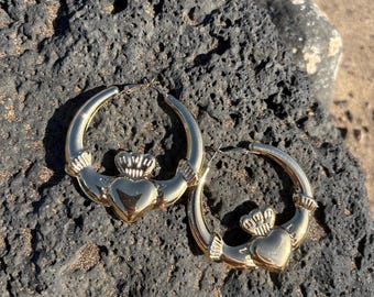 claddagh hoop earrings large hoops chunky claddagh hoops gold