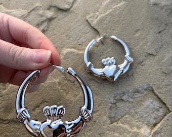 claddagh hoop earrings large hoops chunky claddagh hoops silver