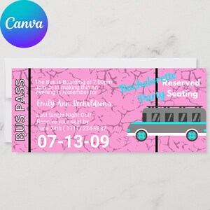 Op de afbeelding: Roze buskaartje voor een vrijgezellenfeest met een gebarsten textuur achtergrond. De kaart bevat de tekst "Bus Pass", "Bachelorette Party" en "Reserved Seating". Een busafbeelding is ook aanwezig. De datum "07-13-09" wordt ook weergegeven.
